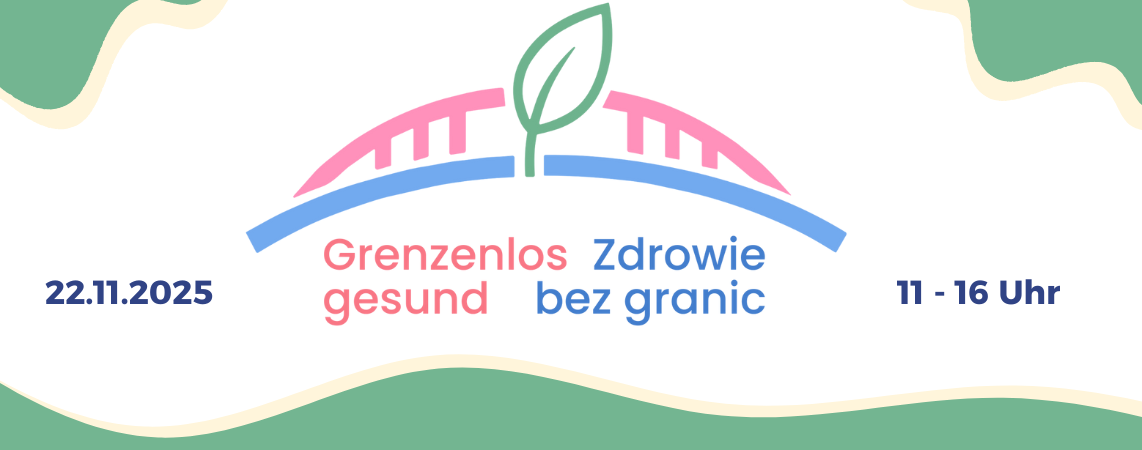 Ein Logo das eine Brücke zeigt mit einem Blatt in der Mitte. Da drunter der Schriftzug Grenzenlos gesund - Zdrowie bez granic